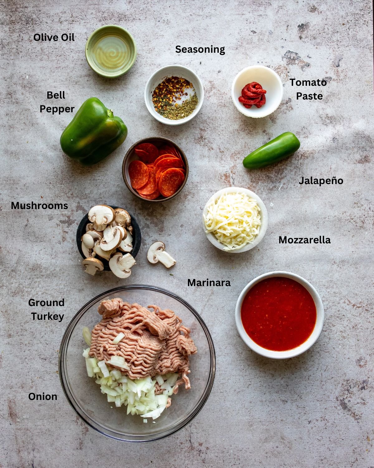 Ingredients need to make this recipe on a counter with bowls and plates. 