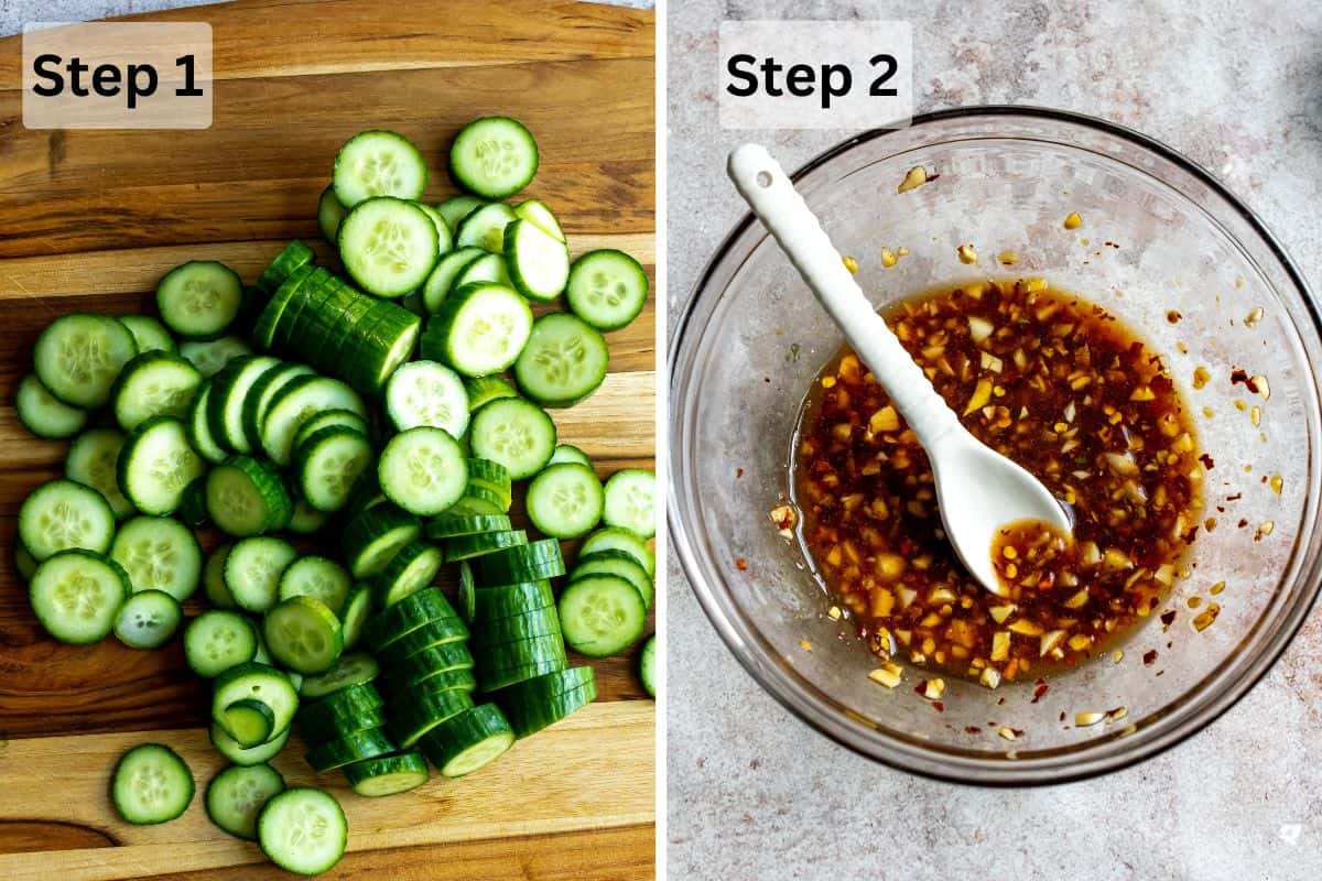 Sliced cucumbers on a cutting board and the sauce mixed up in a bowl.