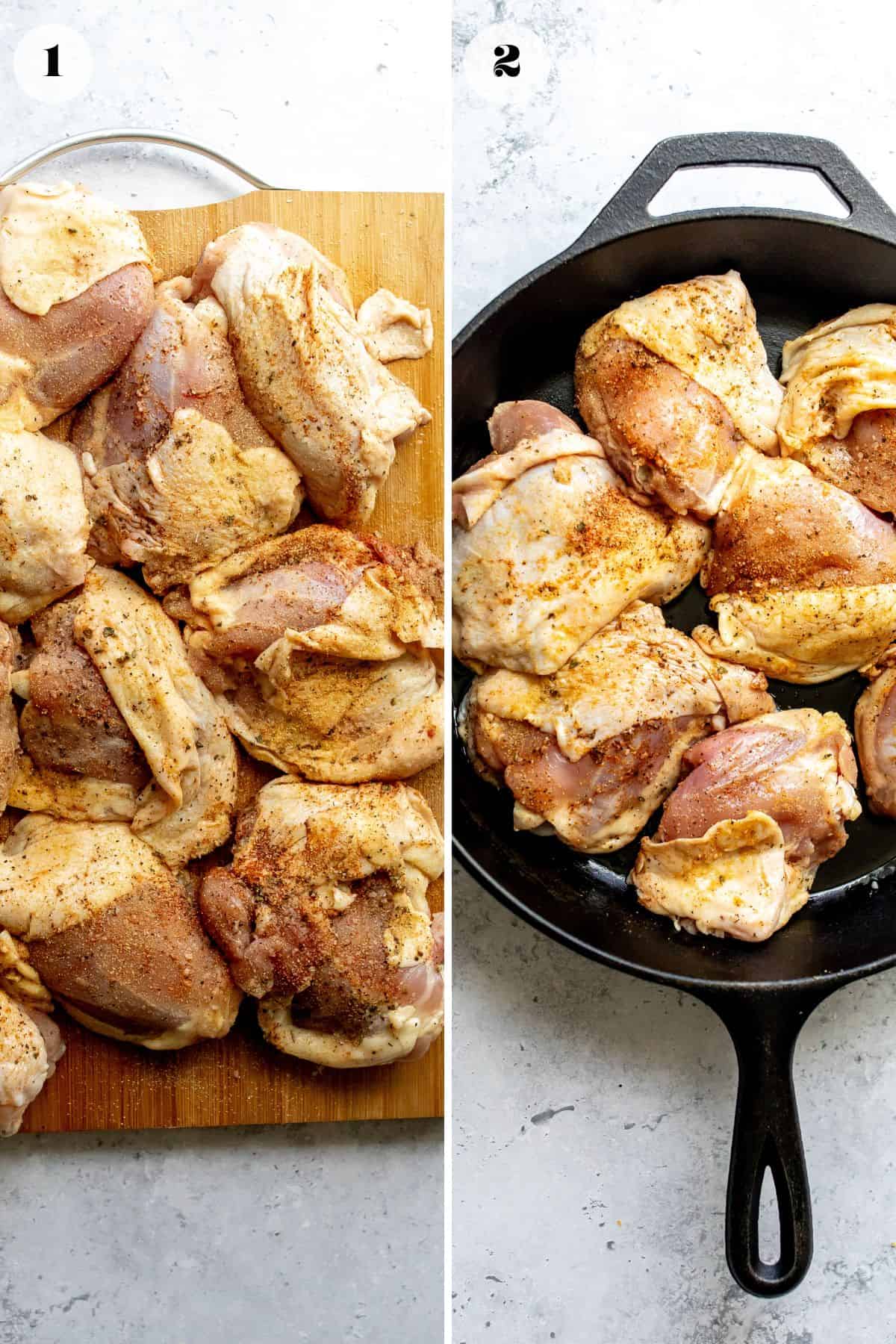 Chicken thighs rubbed with seasonings and in a skillet. 