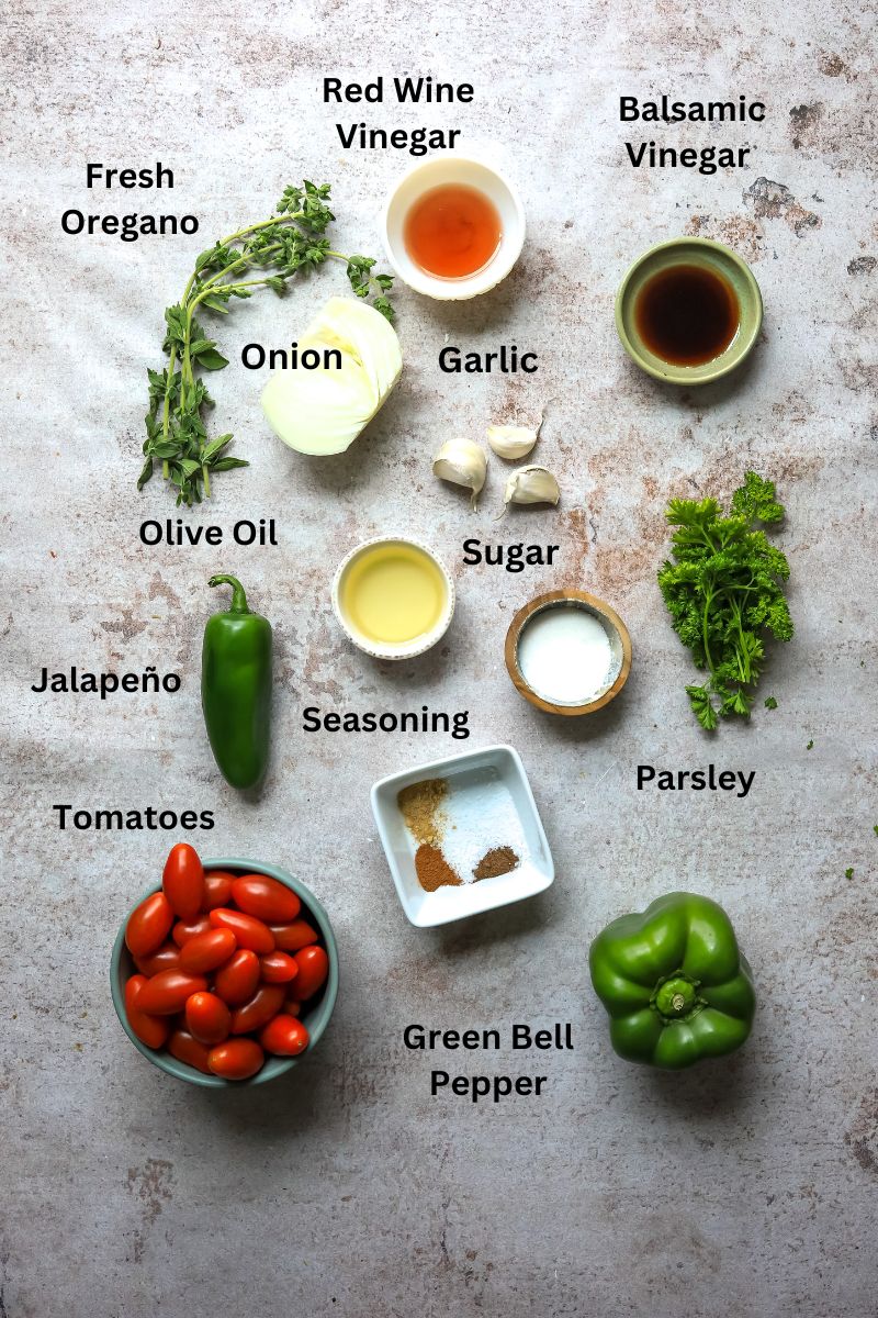 All the ingredients needed to make this recipe laid on a counter in small bowls. 