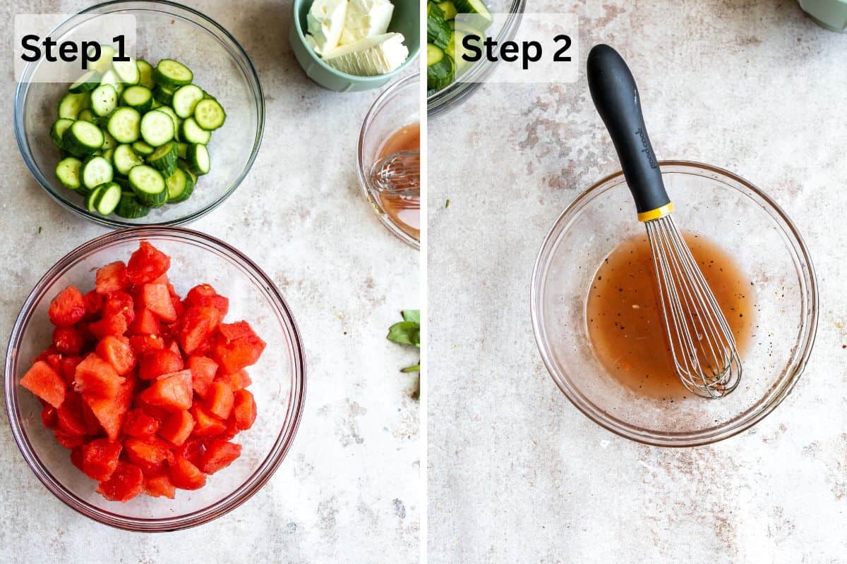Steps to make the recipe in clear glass bowls with a whisk. 