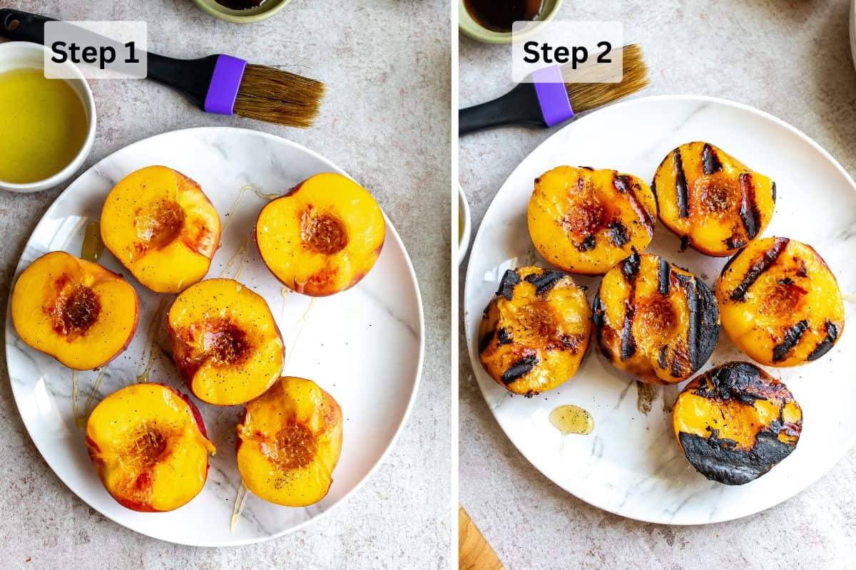 Peaches on a white plate brushed with olive oil and then after grilling.
