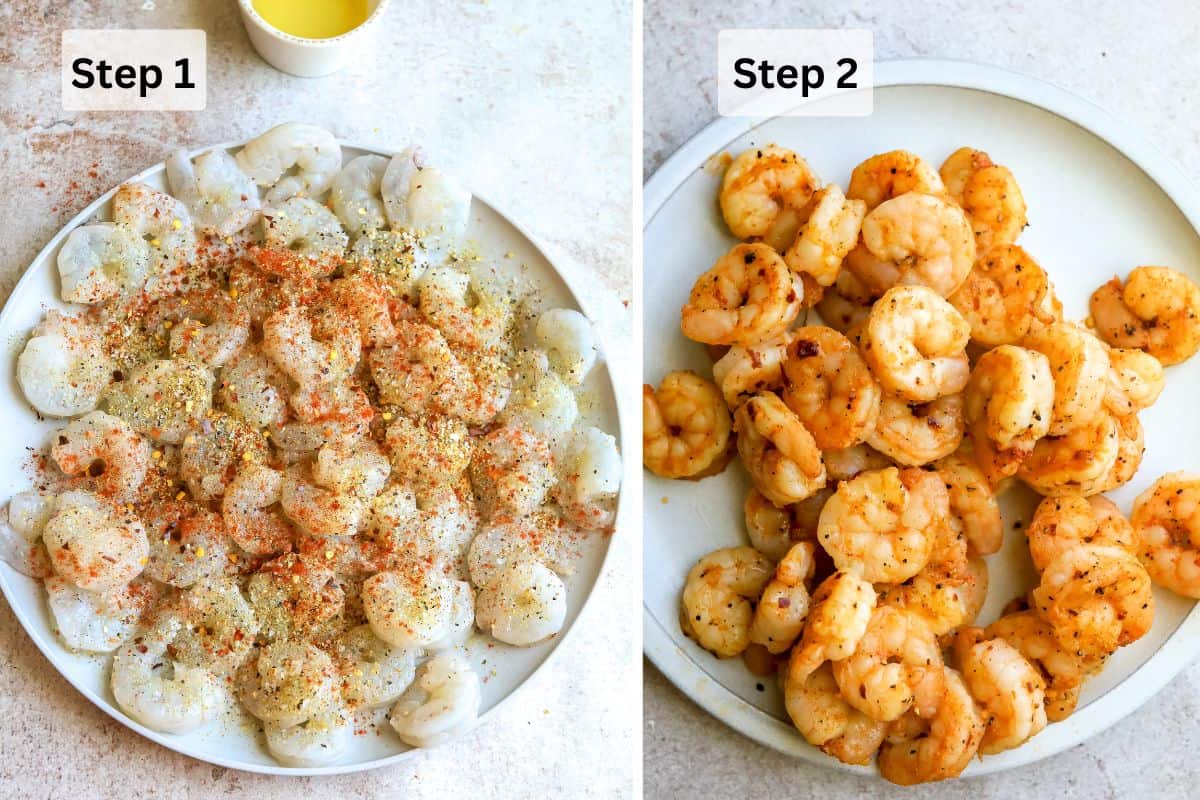 Raw seasoning shrimp on a plate and cooked seasoned shrimp on a plate. 