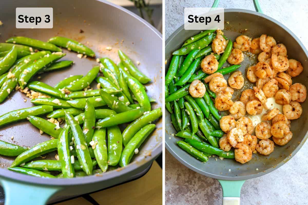 Sugar snap peas in a skillet with garlic and shrimp. 
