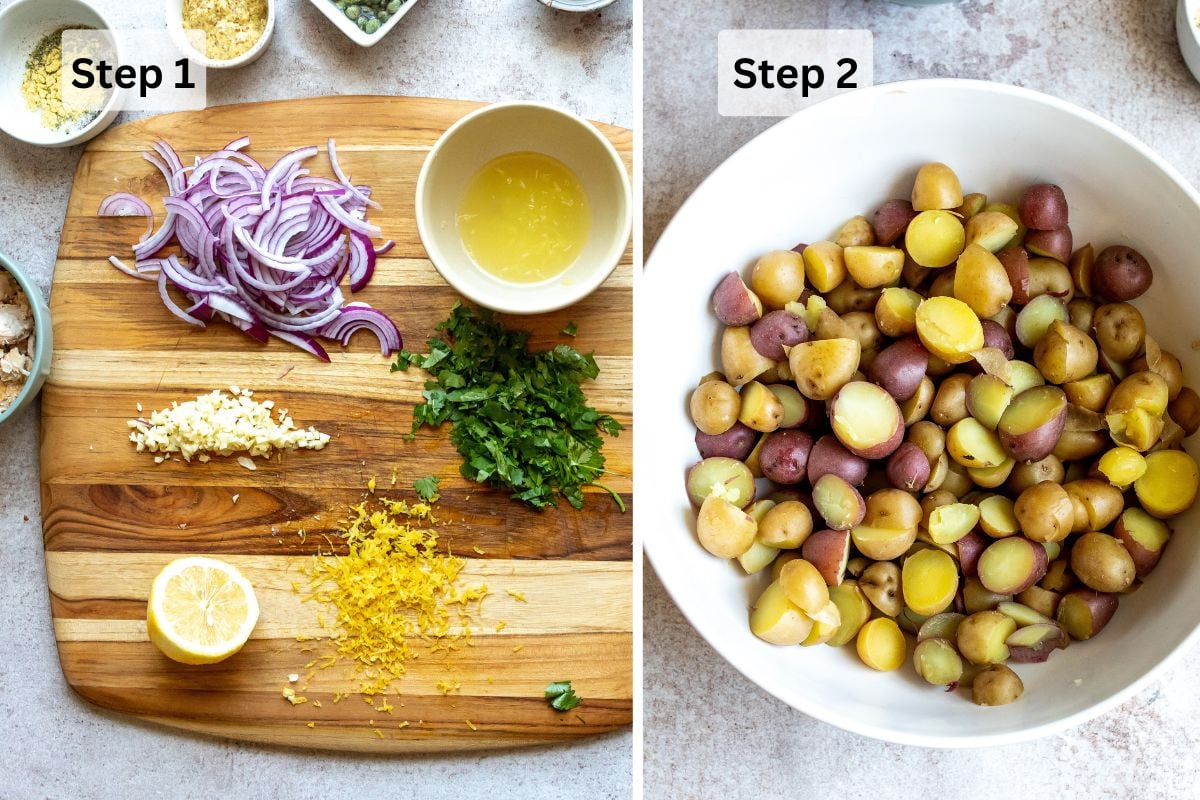 Steps to make this recipe o a cutting board and with a large white bowl. 