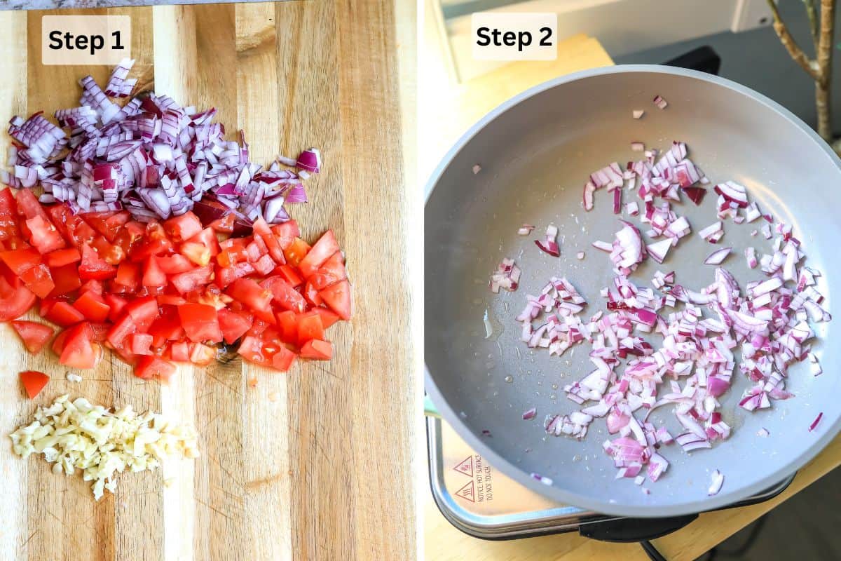 A collage showing chopped veggies on a cutting board and a skillet with onions in it. 
