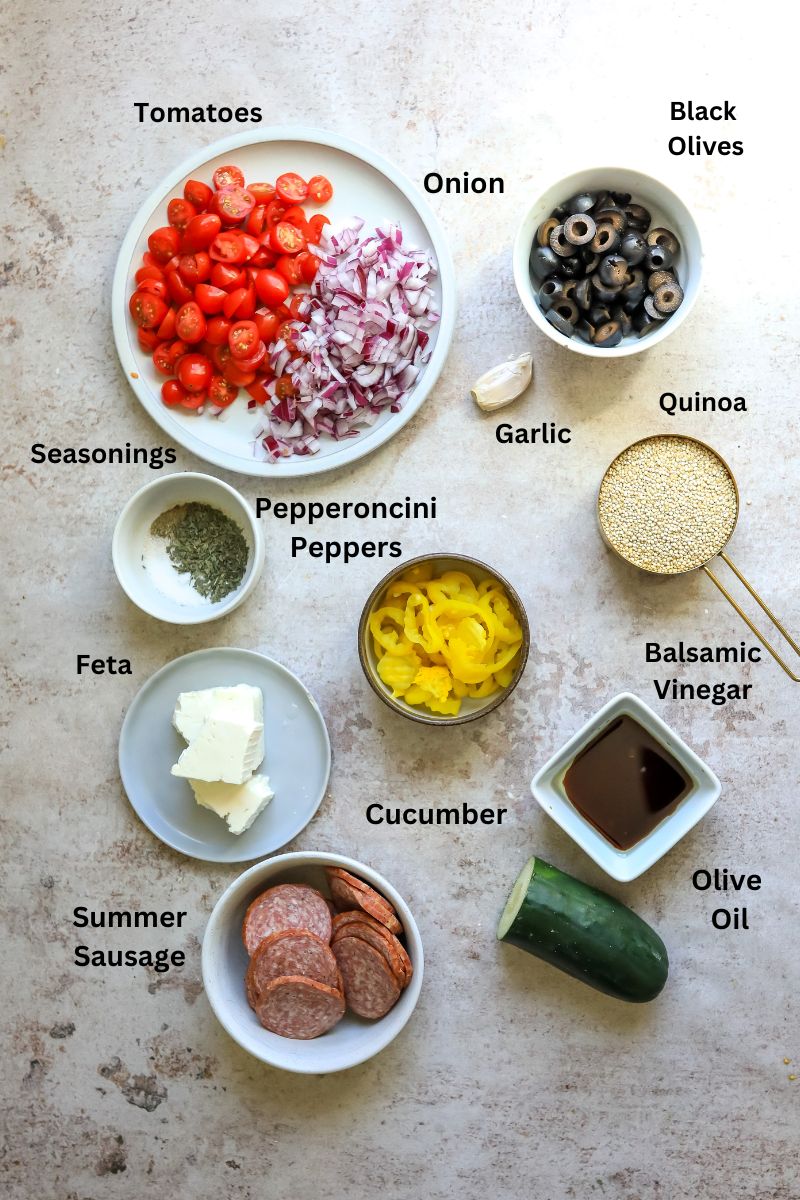 Ingredients needed to make the recipe in small bowls and plates on a counter. 
