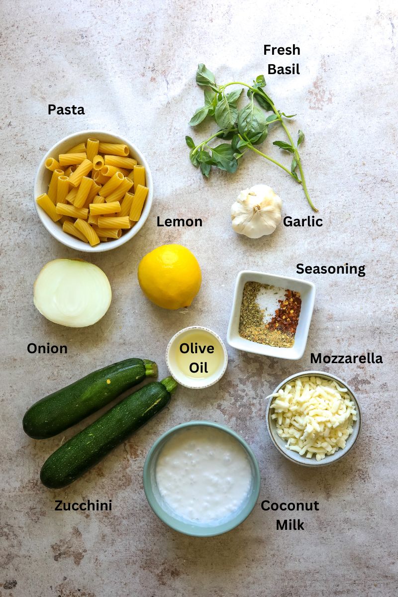 Lemon Pepper Pasta Ingredients on a counter in small dishes and bowls. 