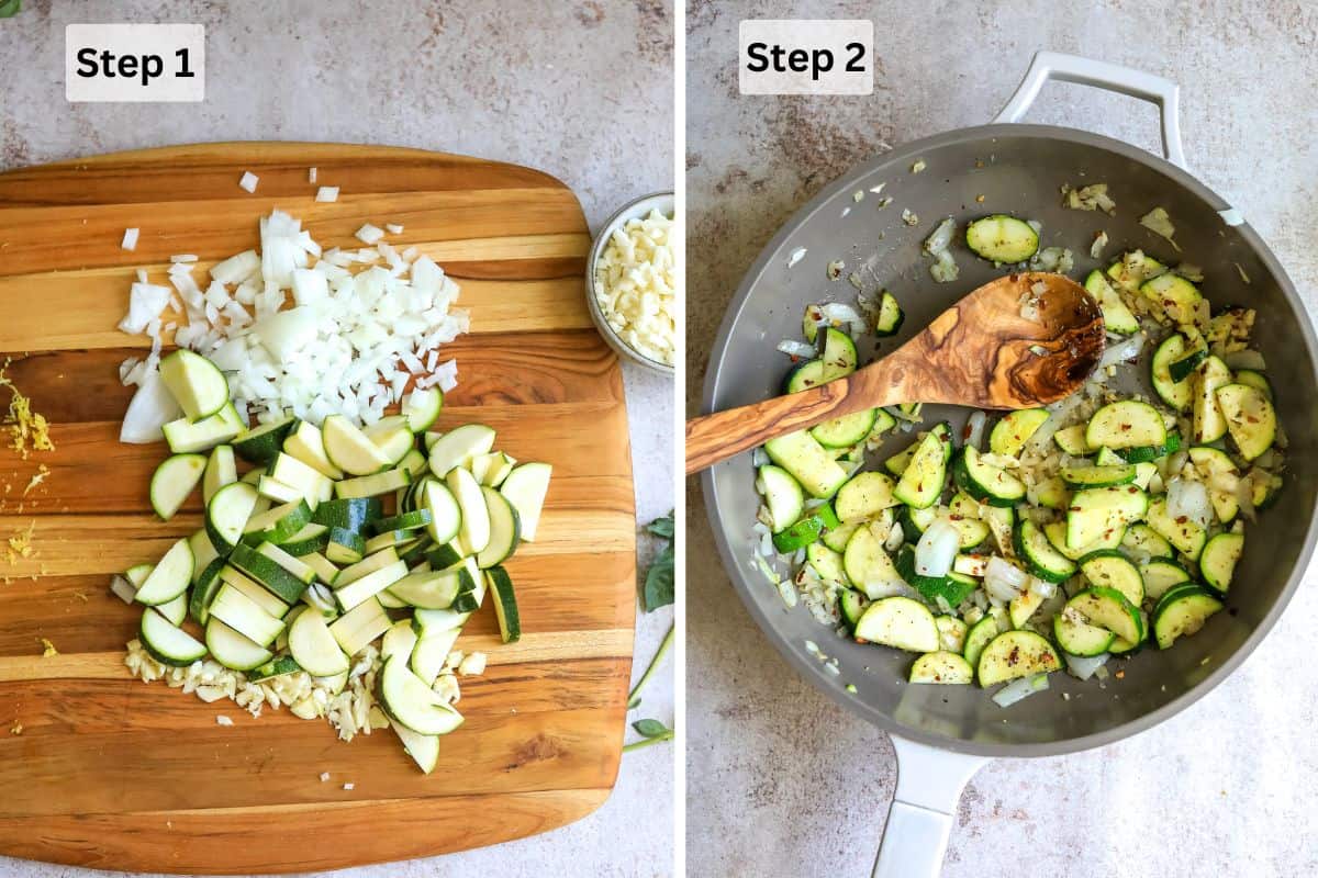 Cutting board with chopped veggies. 