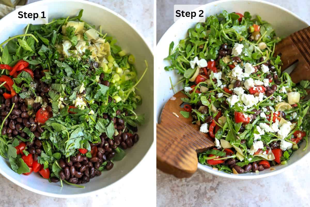 Steps to make this recipe in a white ceramic bowl with salad serving utensils. 