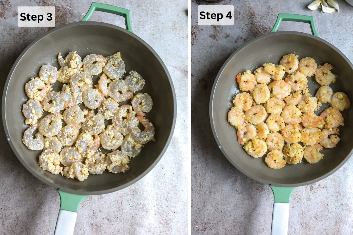 Shrimp in a grey skillet raw and then cooked. 