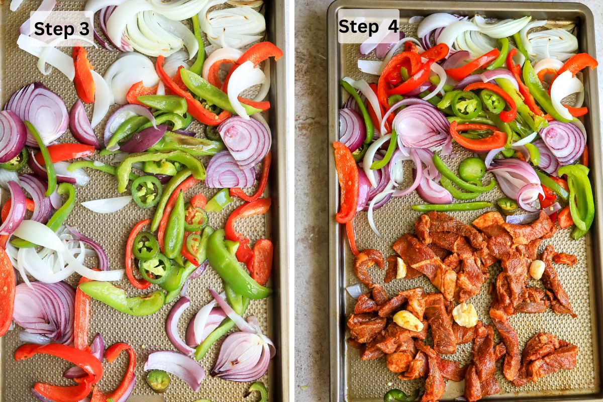 Baking sheets with veggies and steak. 