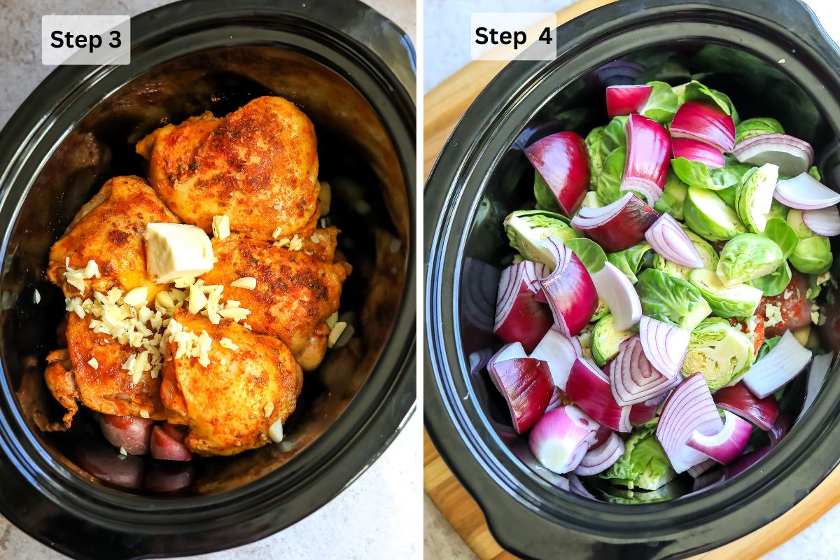 Black slow cooker with ingredients in it and chicken and butter. 