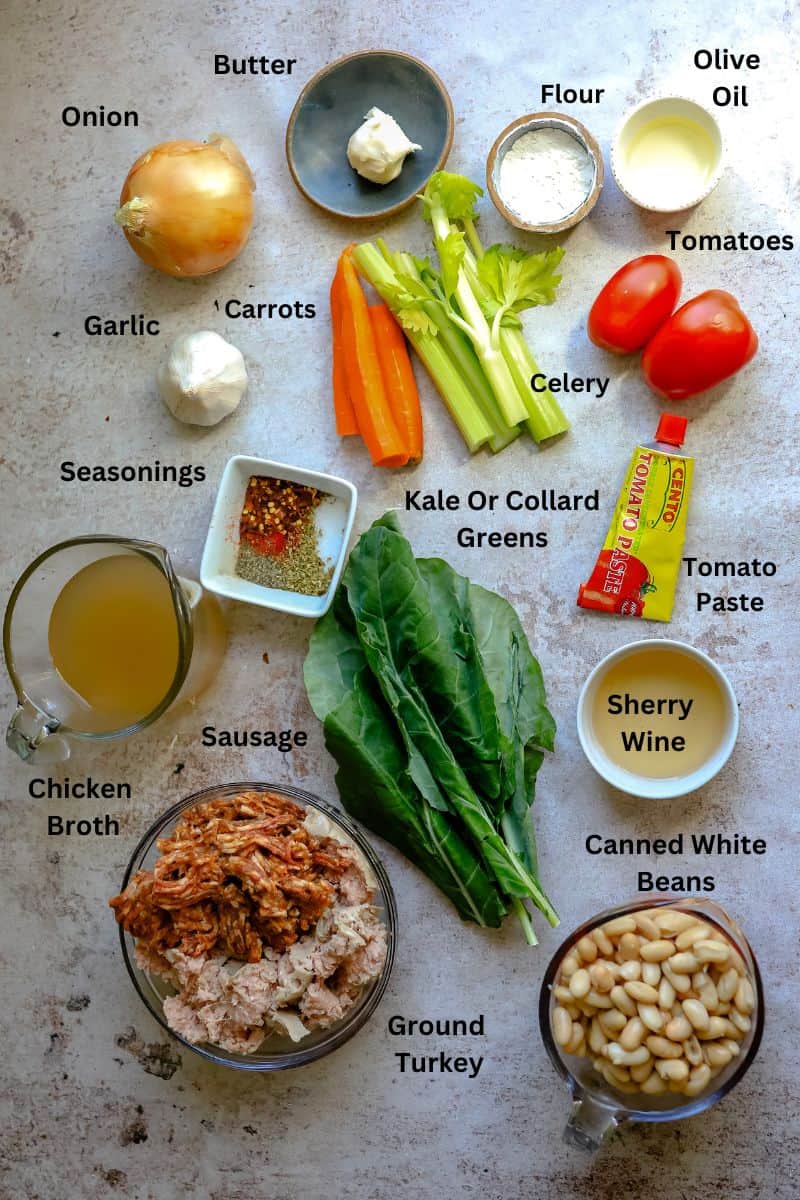 Ingredients needed to make this recipe in small bowls and on a grey counter with small plates. 