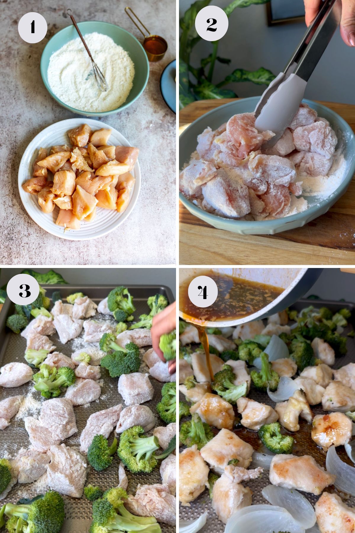 Steps to make this chicken on bowls and on a sheet pan with chopped broccoli. 