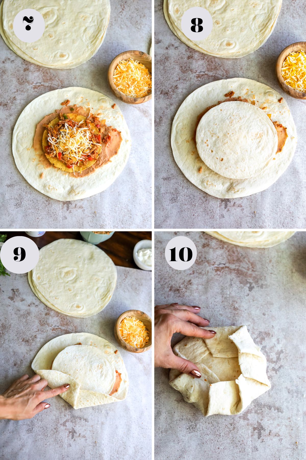 Tortillas with the layering process to make this recipe on a grey counter. 