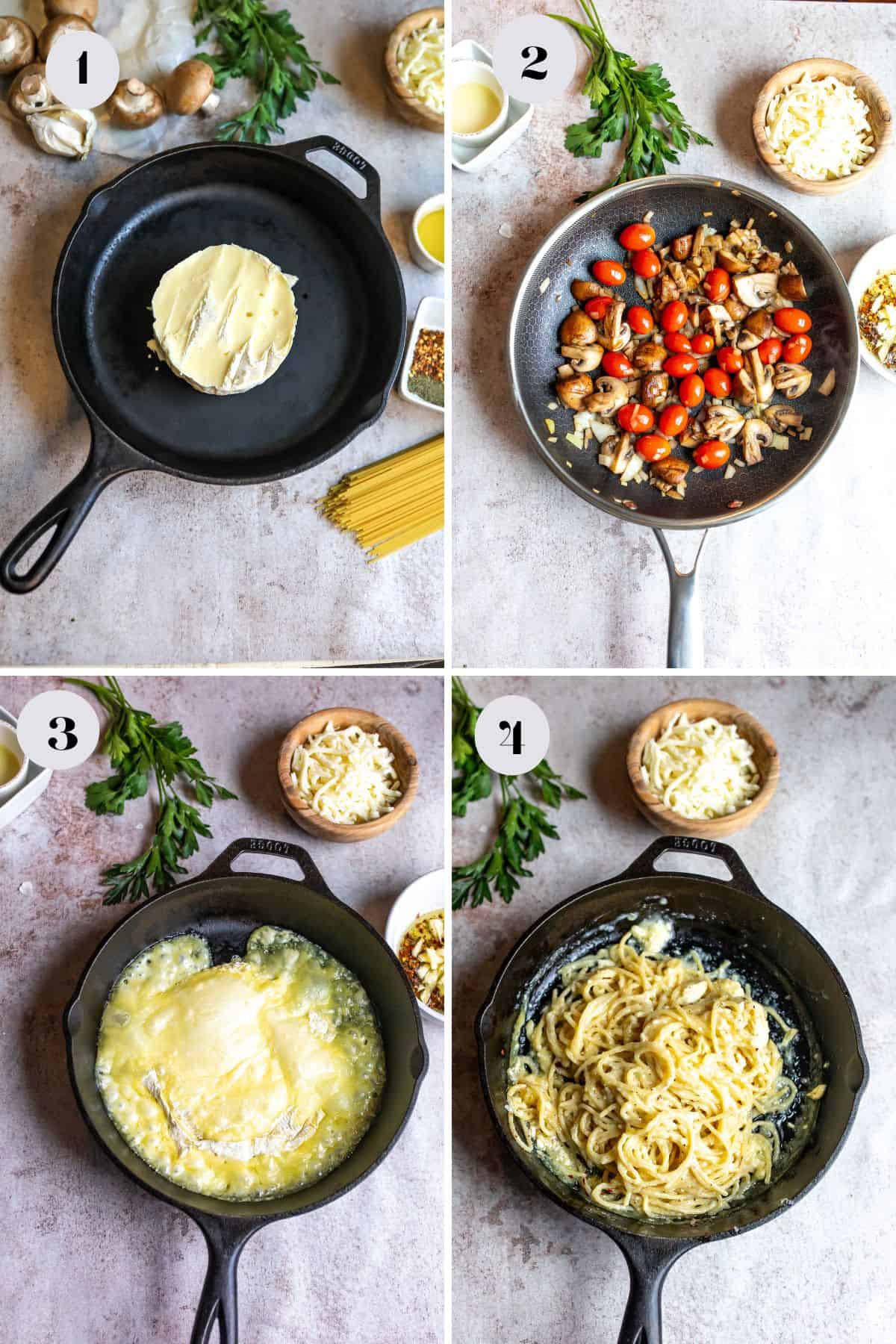 Steps to make this recipe. Black skillet with cheese, sautéed veggies and spaghetti.