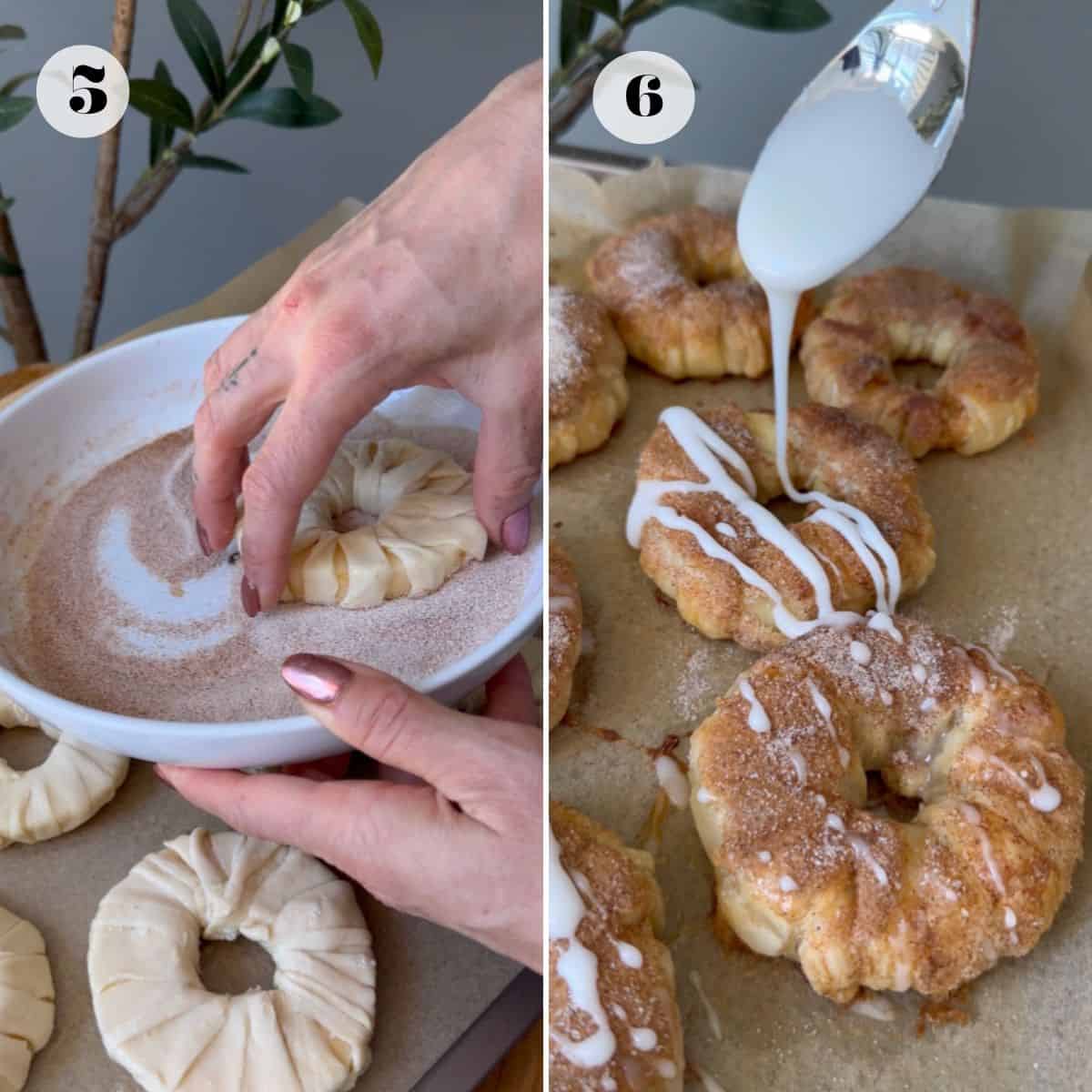 Steps in a white bowl and with icing. 