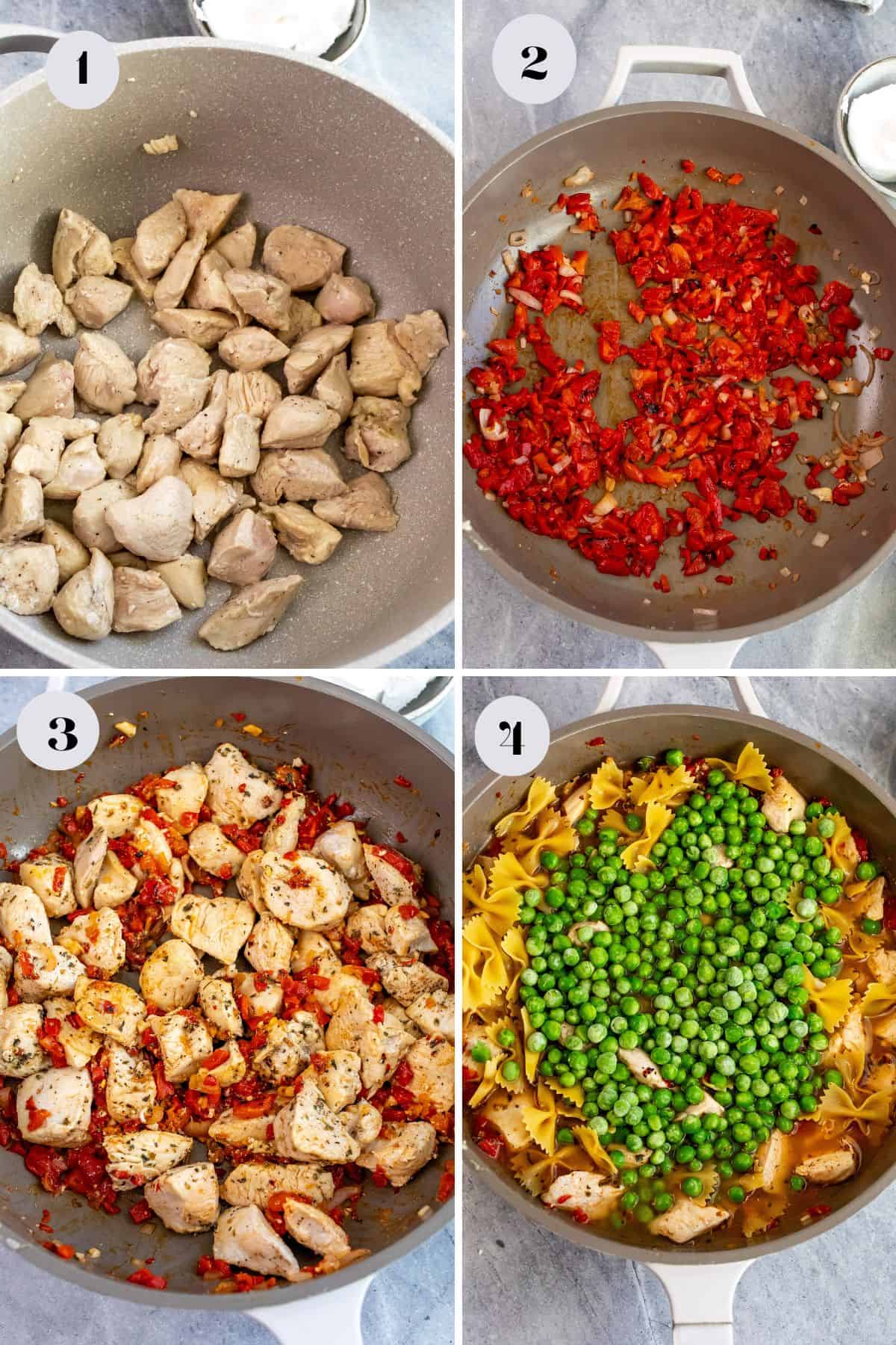 Steps to make this recipe in a grey skillet with chicken and veggies in it. 