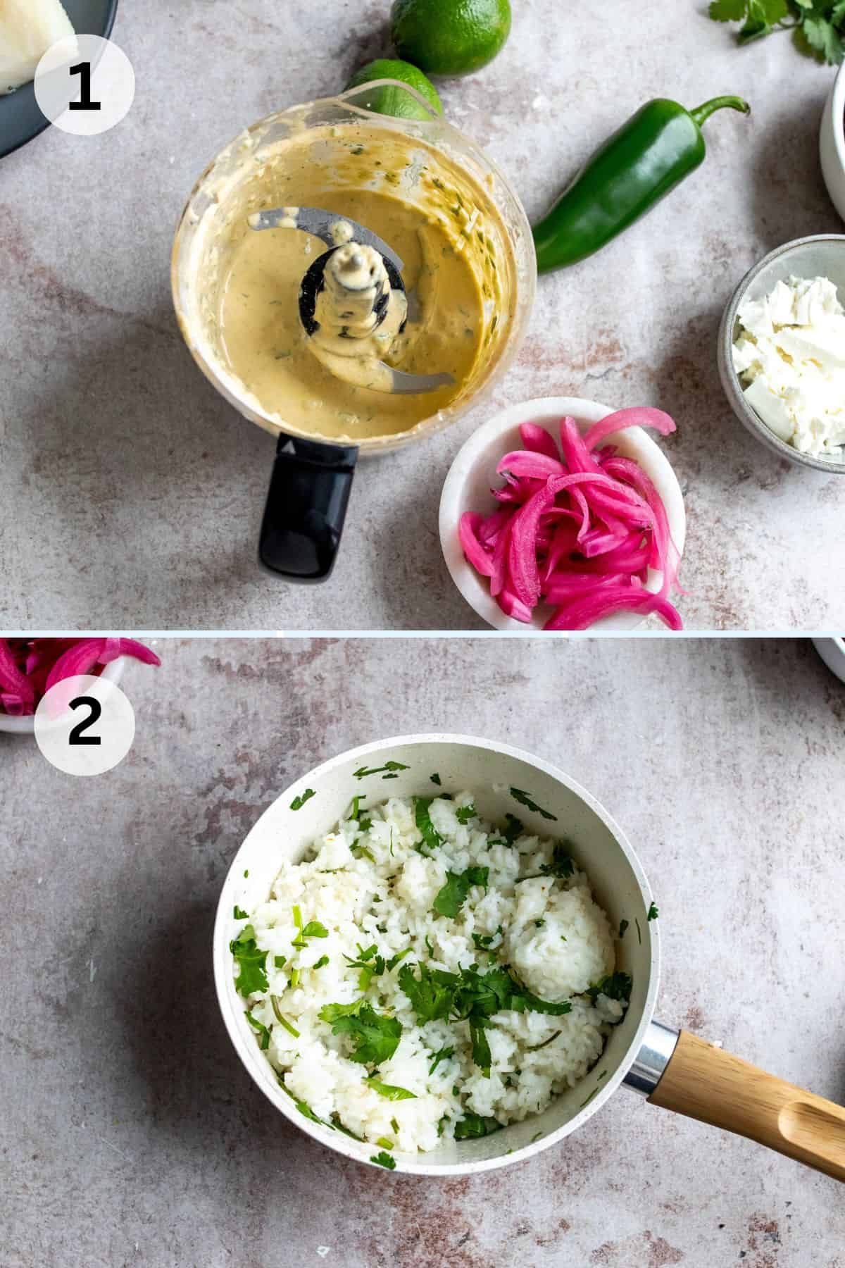 Steps to make this recipe in a small blender and rice in a bowl. 