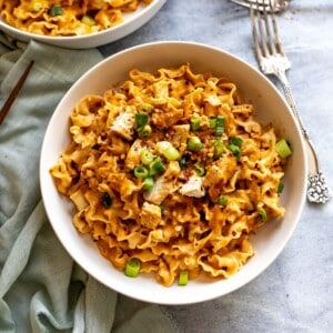 White ceramic bowls with peanut noodles and green garnish. A silver fork on the side.