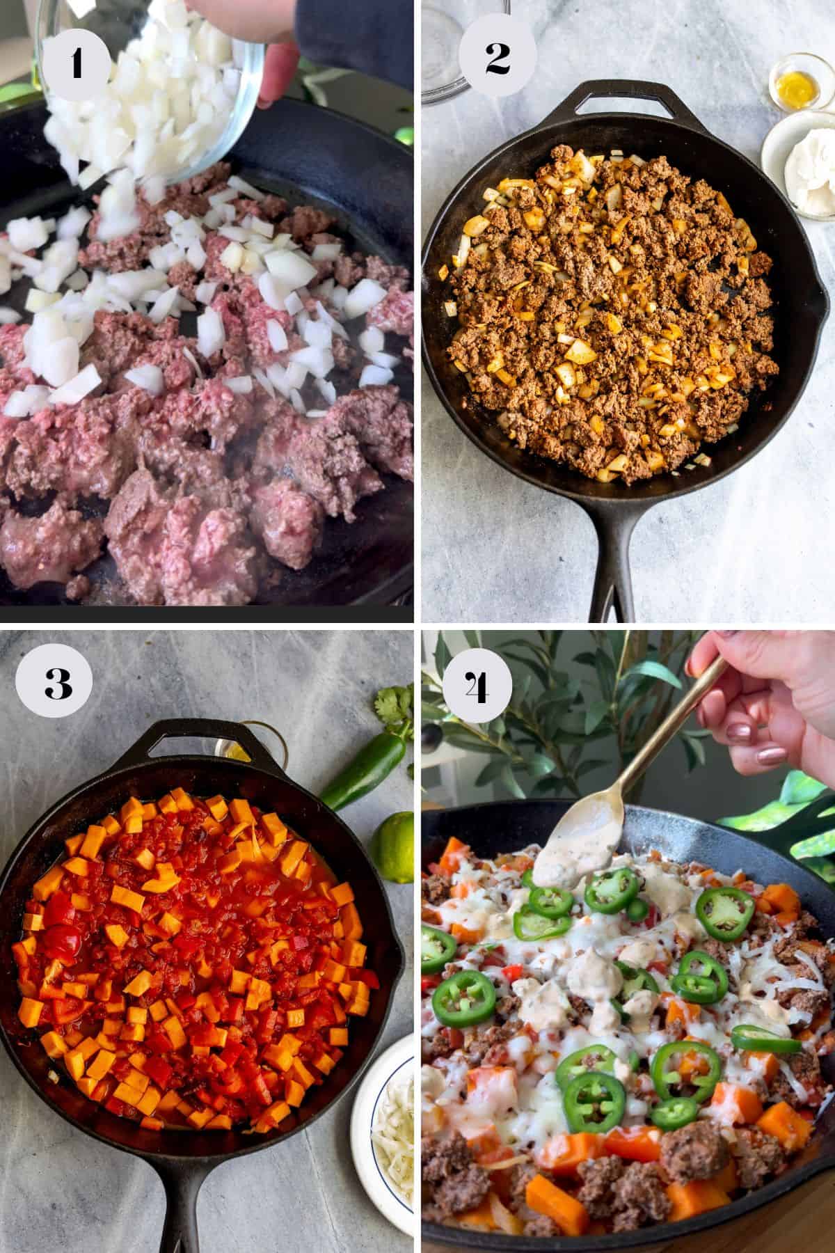 Black cast iron pan with beef and veggies in it showing steps to make this recipe. 