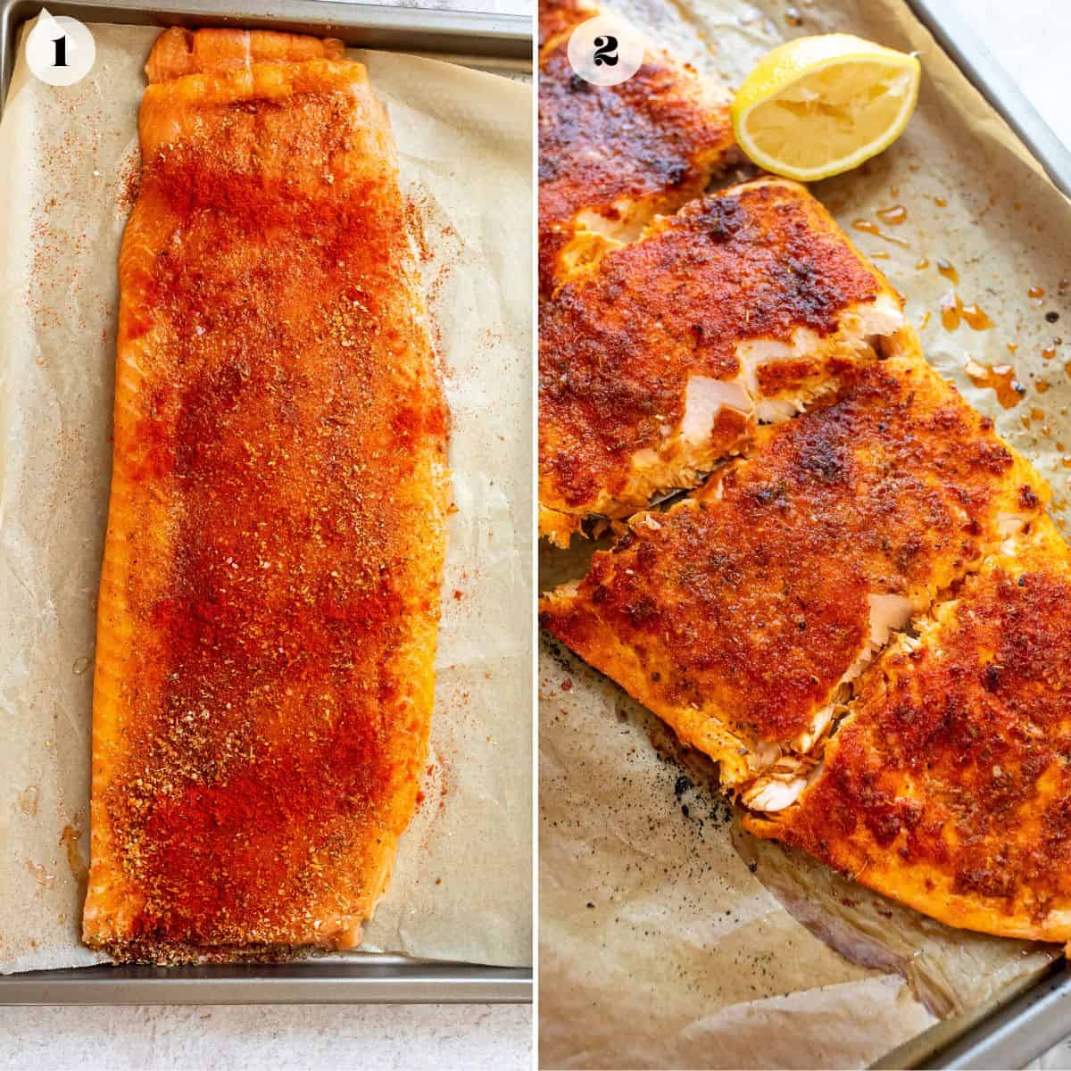 Steps to make salmon on a baking sheet with parchment paper. 