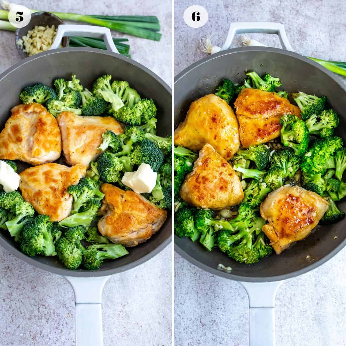 Grey skillet with chicken and broccoli in it. 