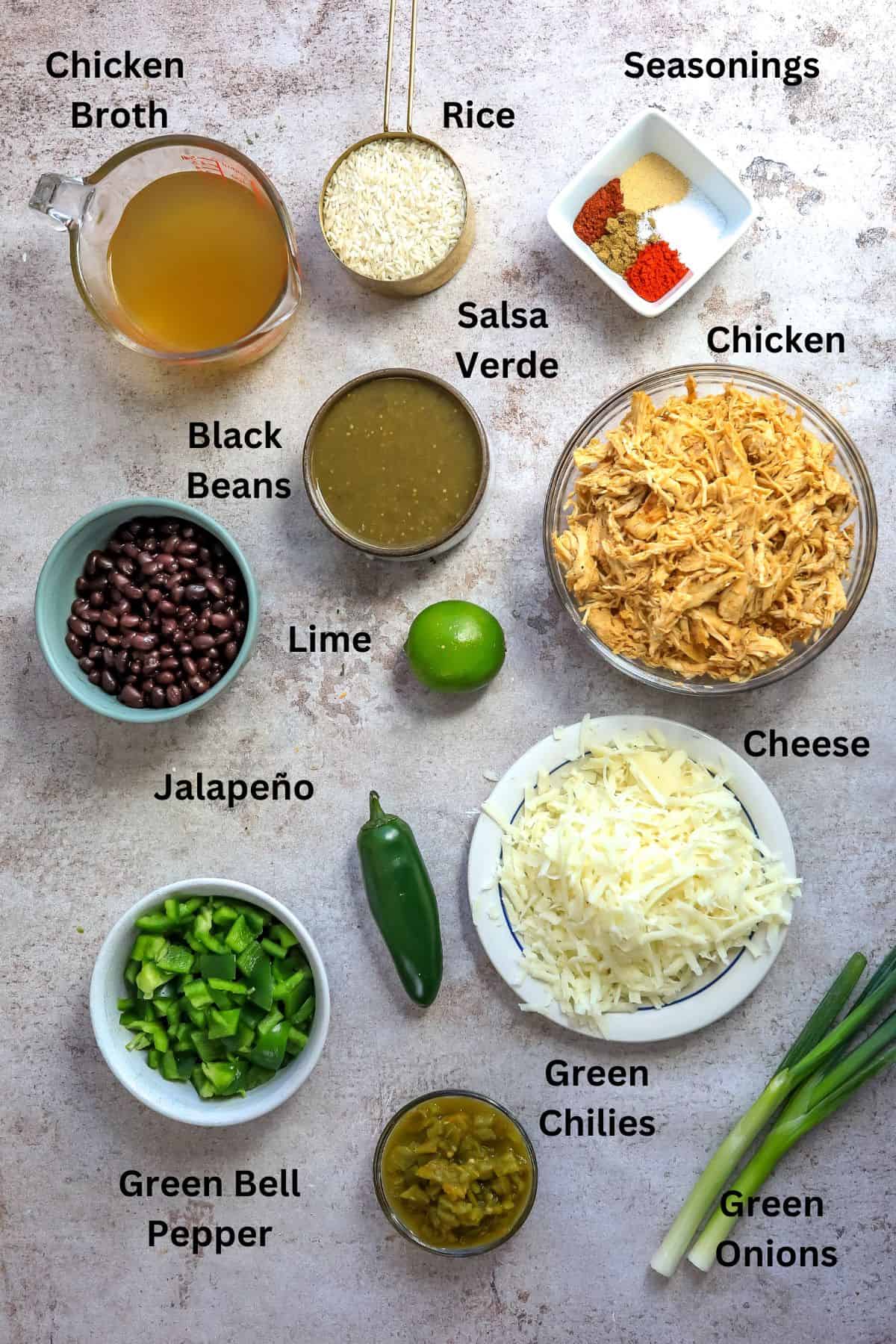 Ingredients needed to make this recipe in bowls and measuring cups. 
