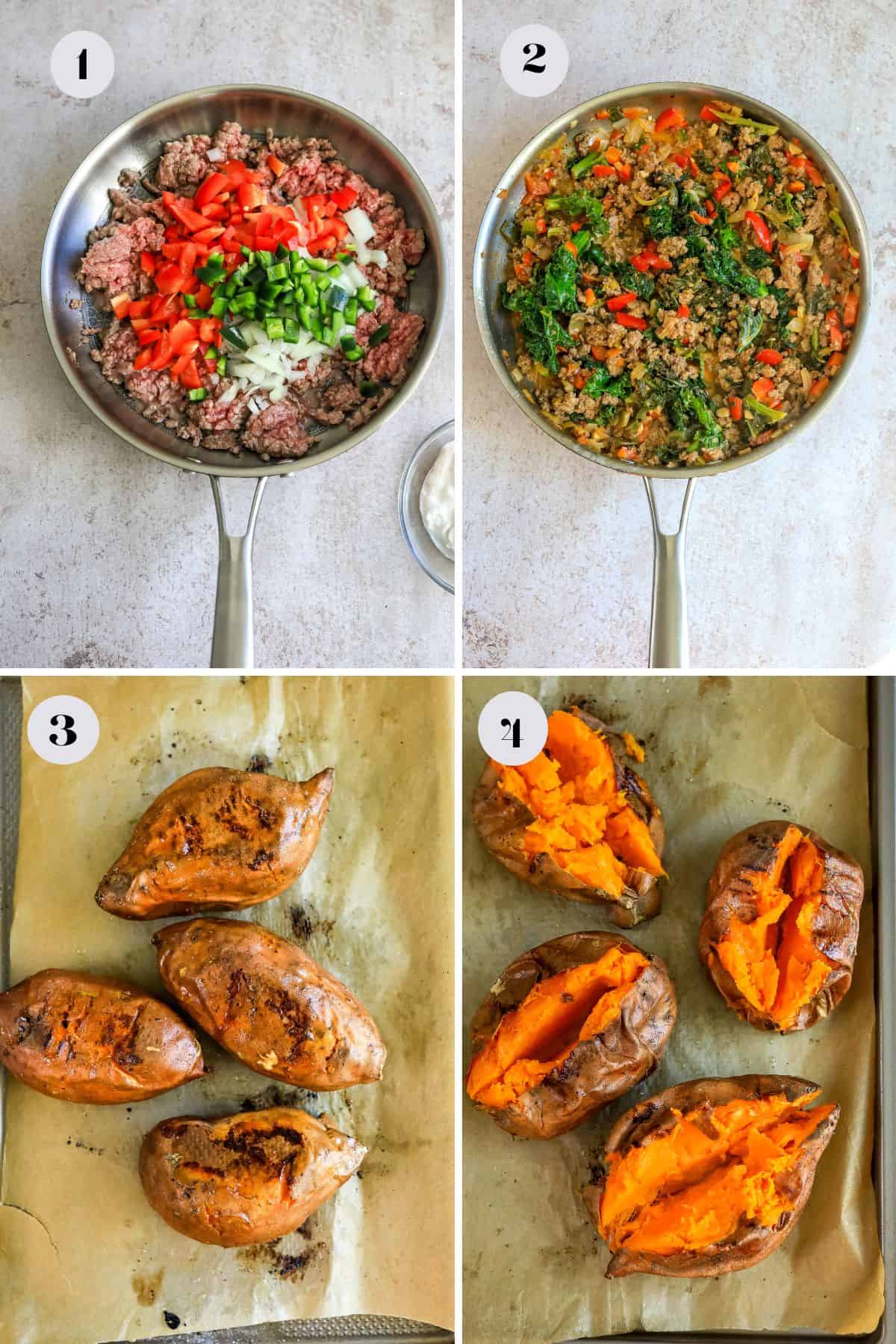 All the steps to make the mexican stuffed sweet potatoes in a skillet and on a baking sheet. 