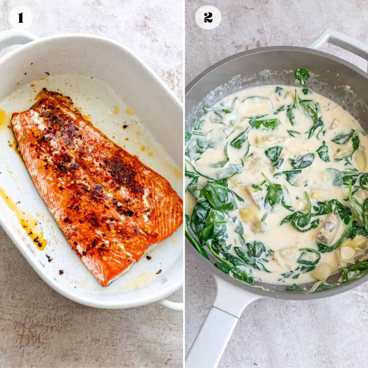 Salmon in a white ceramic baking dish and a skillet. 