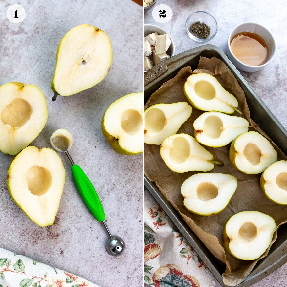 Steps to make cheese and pears on a counter and in a baking sheet. 