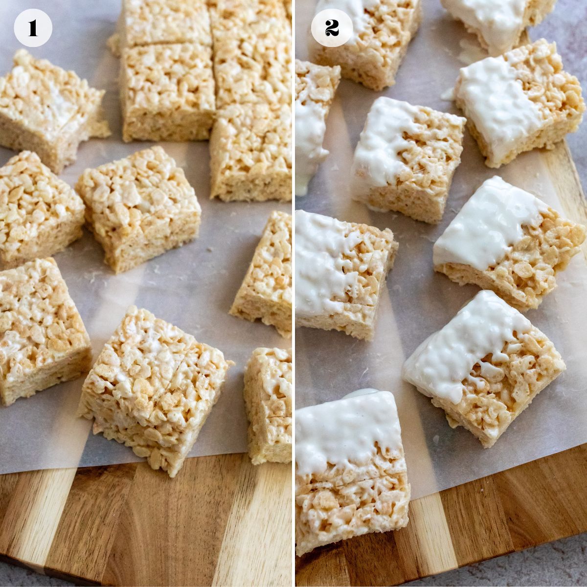 Steps to make rice krispies on parchment paper. 