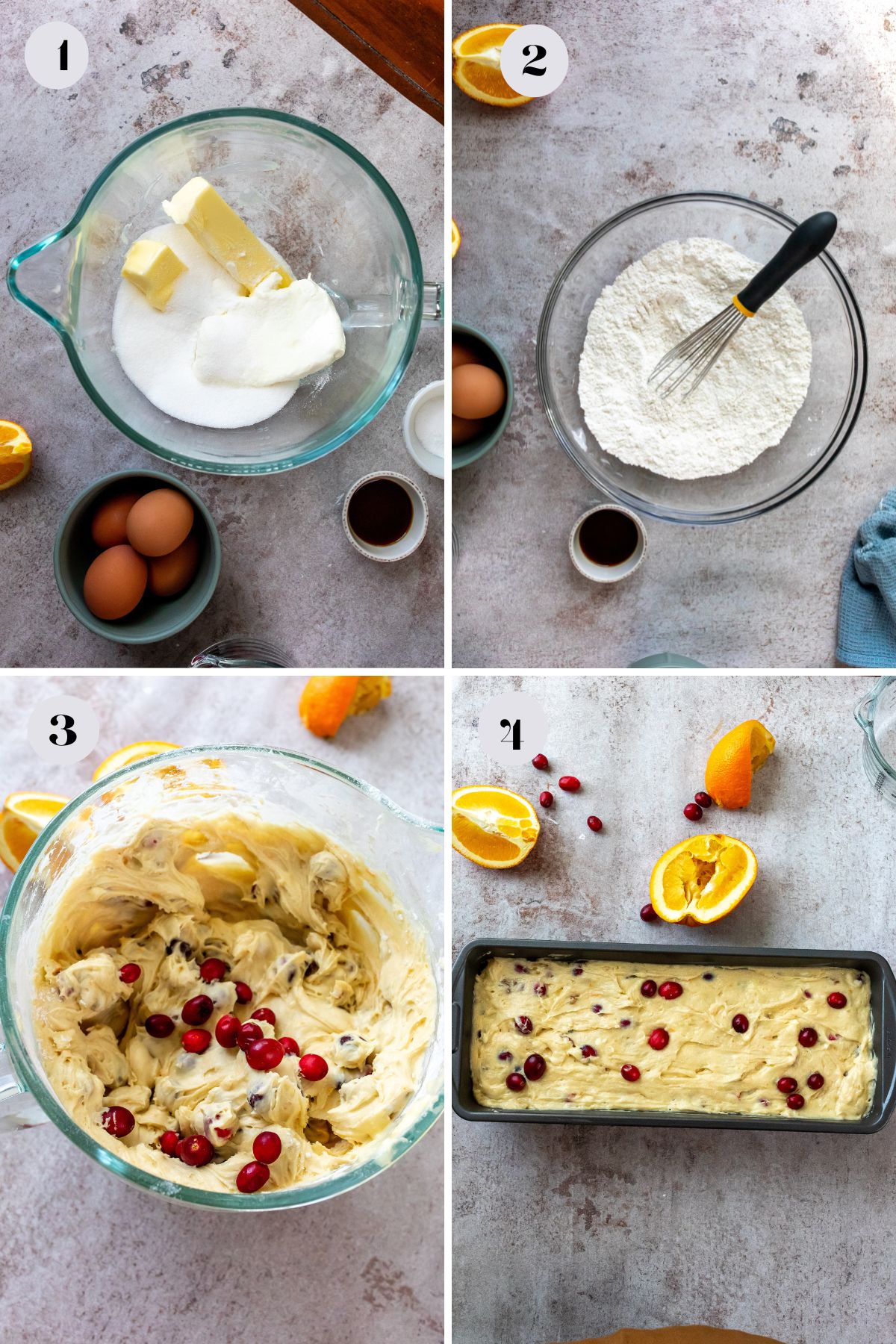 Steps to make orange loaf with cranberries in a glass mixing bowl and a whisk.