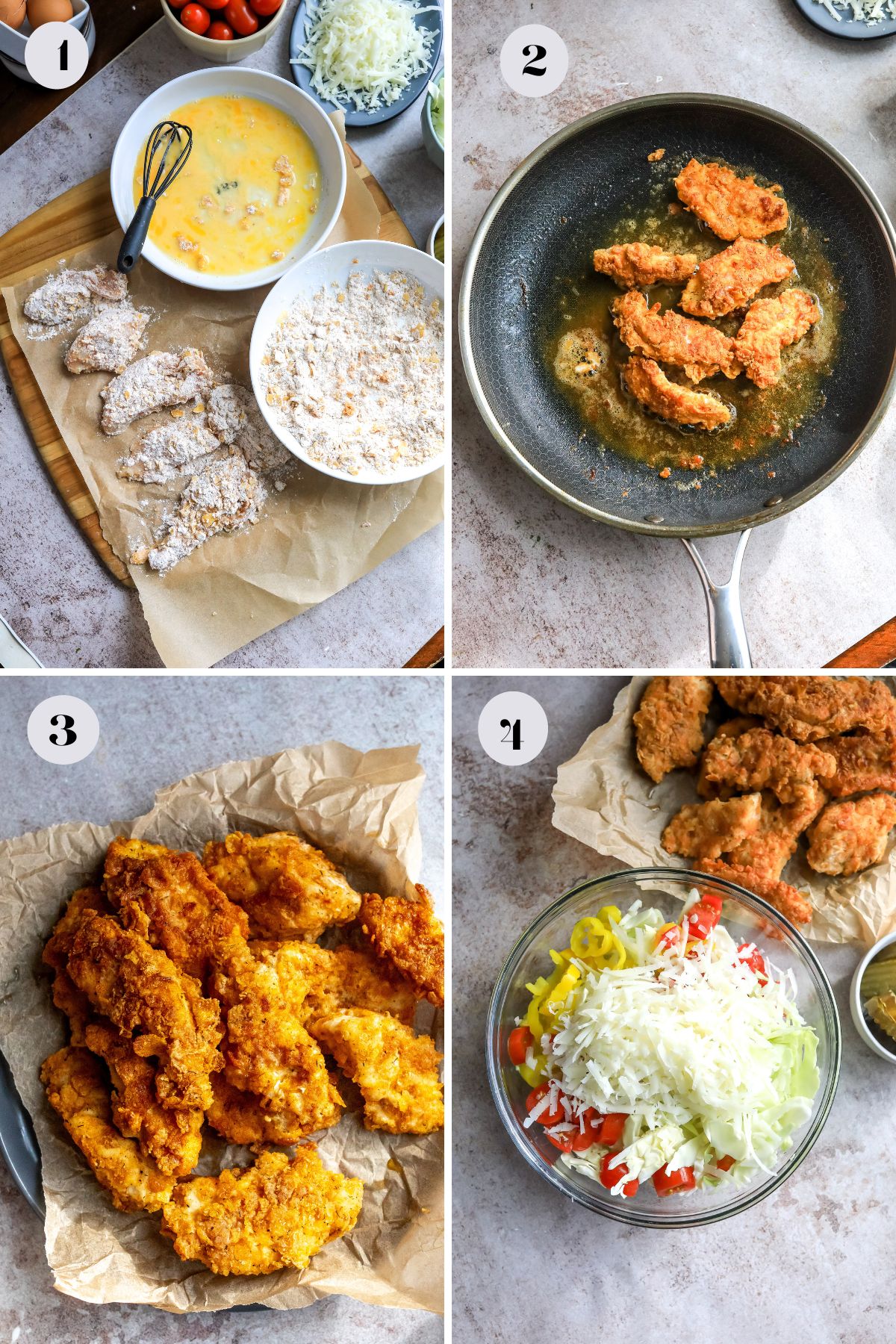 Steps to make this recipe in a cutting board and in a frying pan with chicken. 