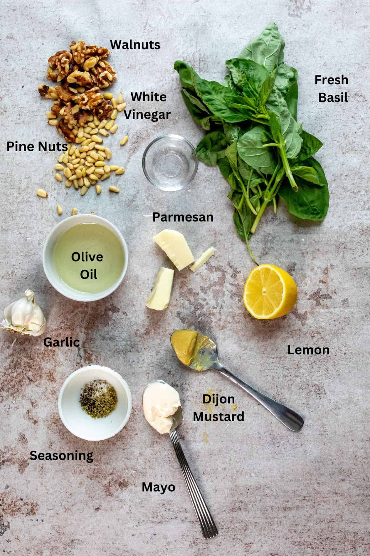 ingredients on a counter. Small bowls with spices. 