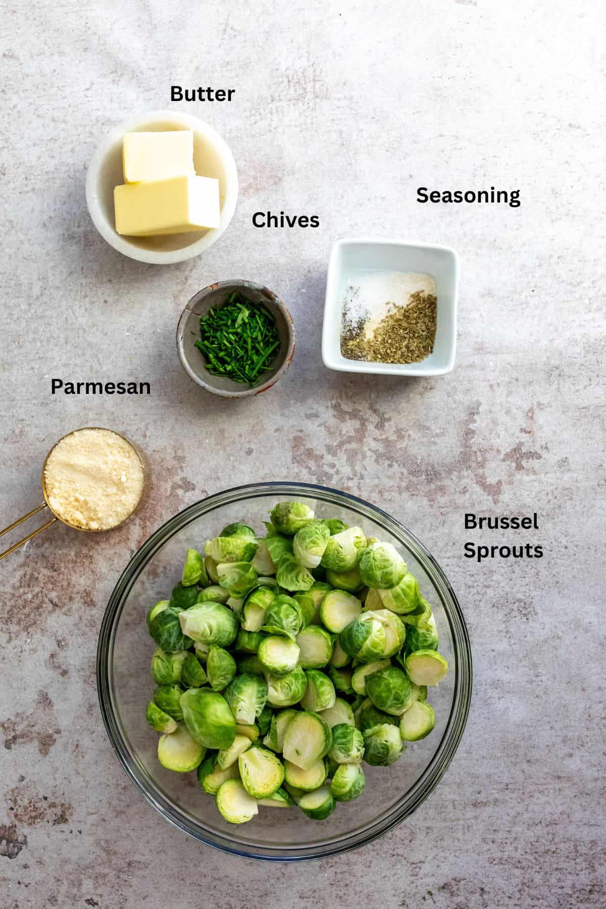 Ingredients needed in small bowls and on a counter. 