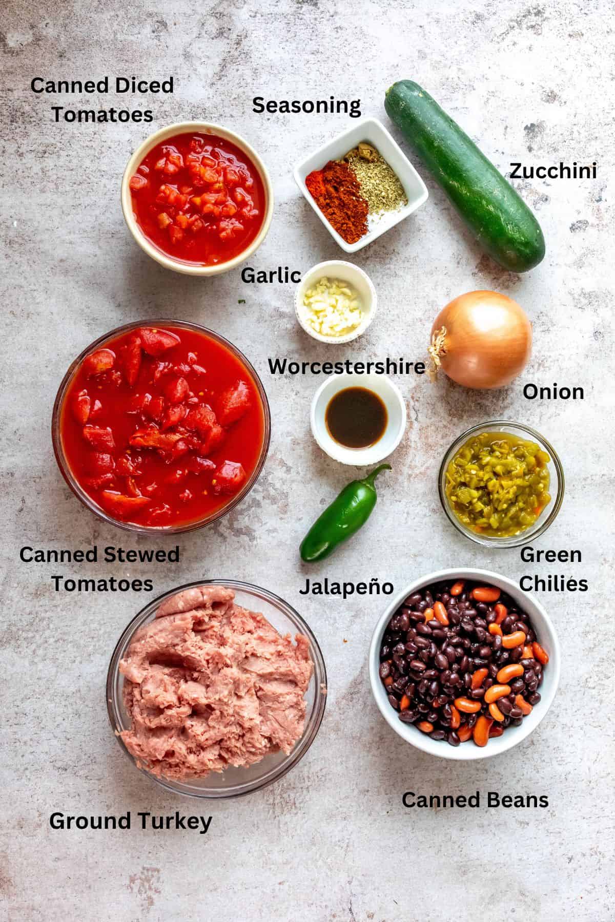 Ingredients needed to make chili on a countertop. 