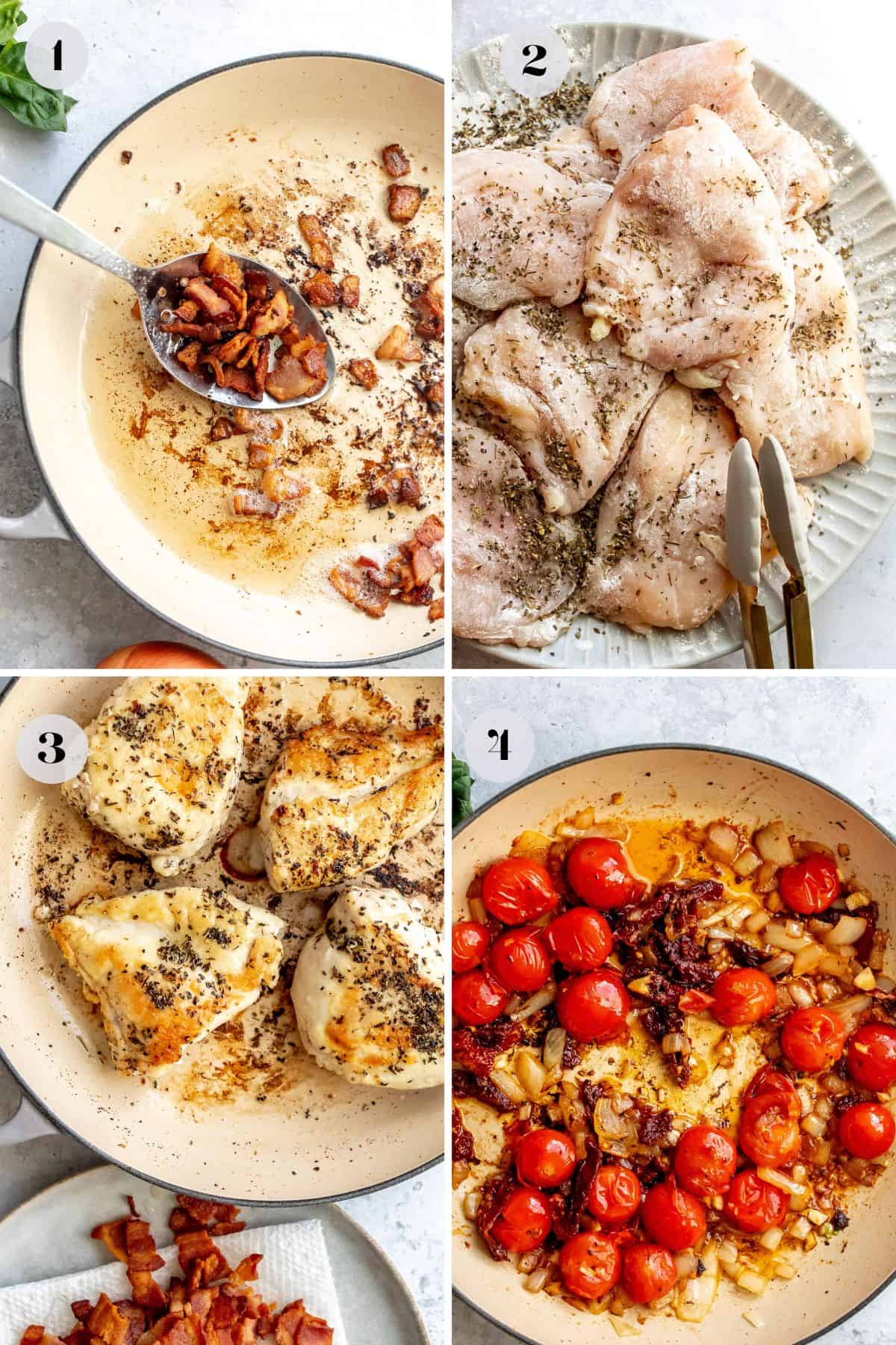 Steps to make this dish in a skillet and with meat on a plate. 