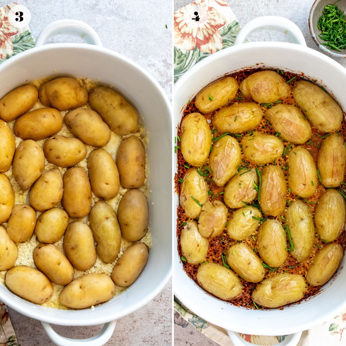 White baking dish with potatoes in it.