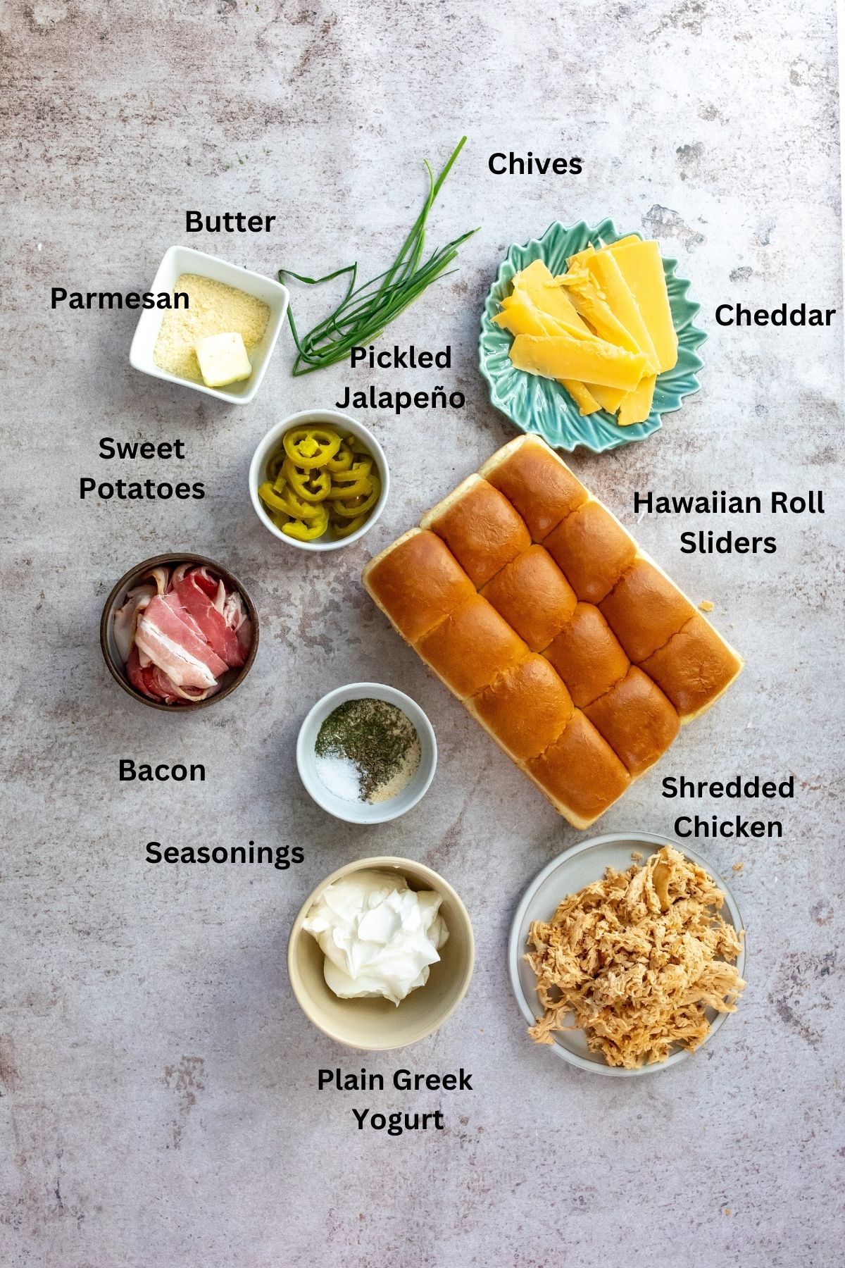 Ingredients needed to make this recipe on small plates and bowls. 