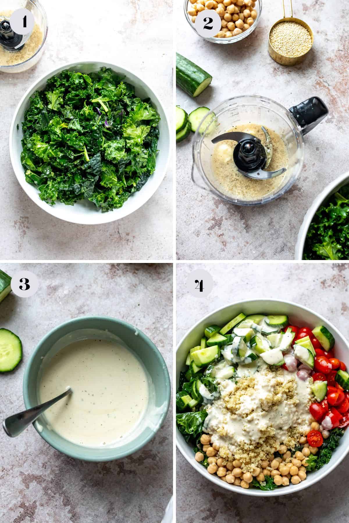 Steps to make this recipe in a large white bowl and a small food processor with dressing. 