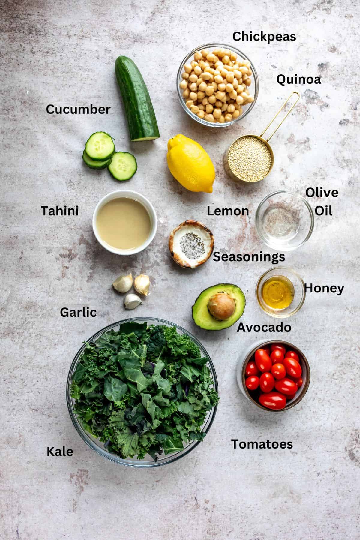 Ingredients needed to make this recipe in glass bowls on a counter. 