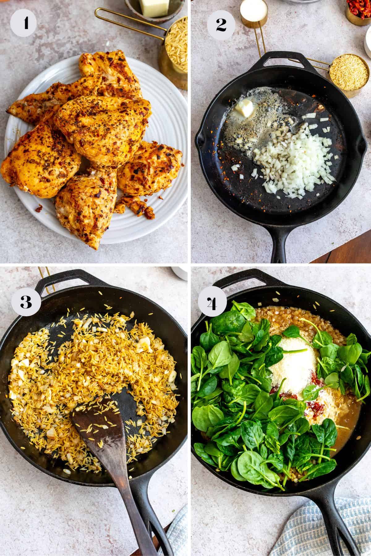 Black cast iron skillet with chicken and orzo in it cooking. 
