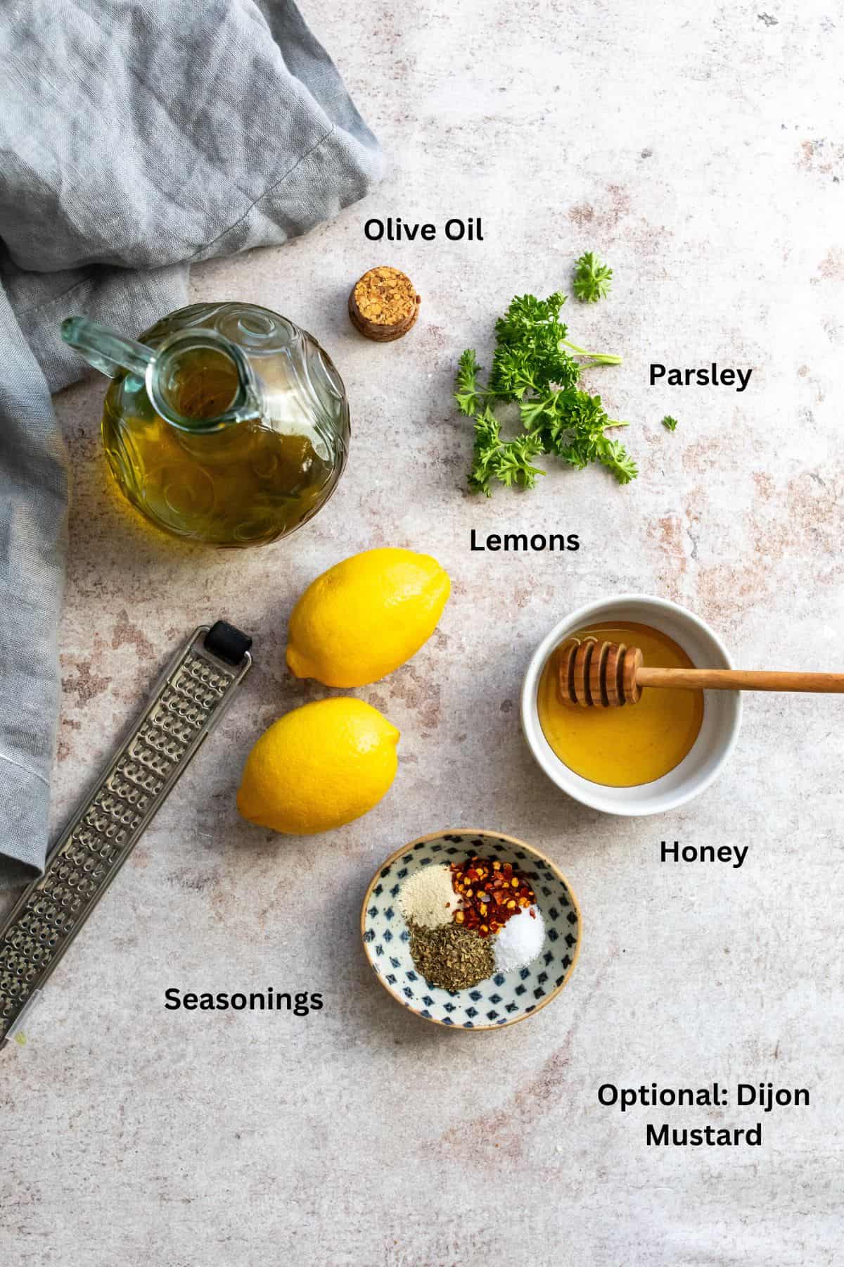 Ingredients needed to make this lemon honey dressing. 