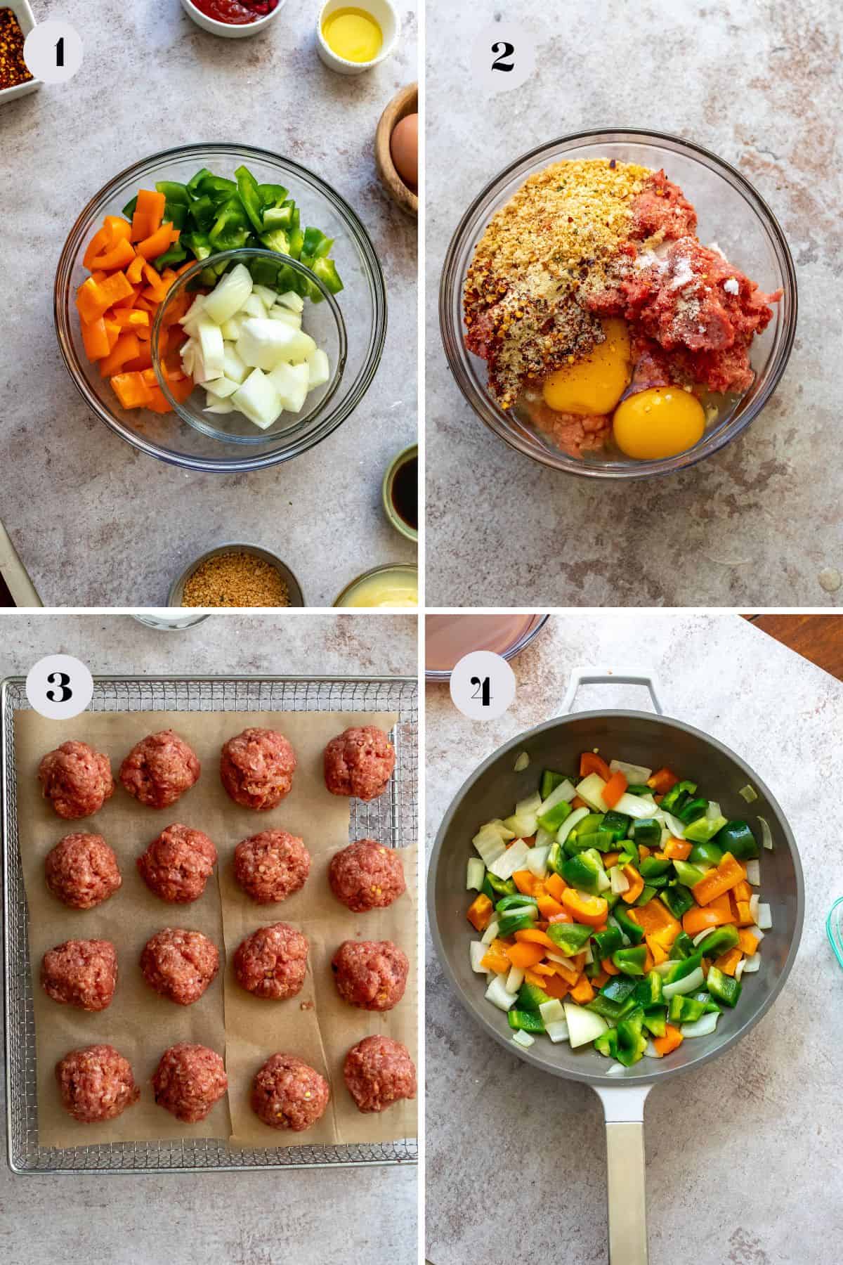 Steps to make the recipe in glass mixing bowls, meatballs and a skillet. 