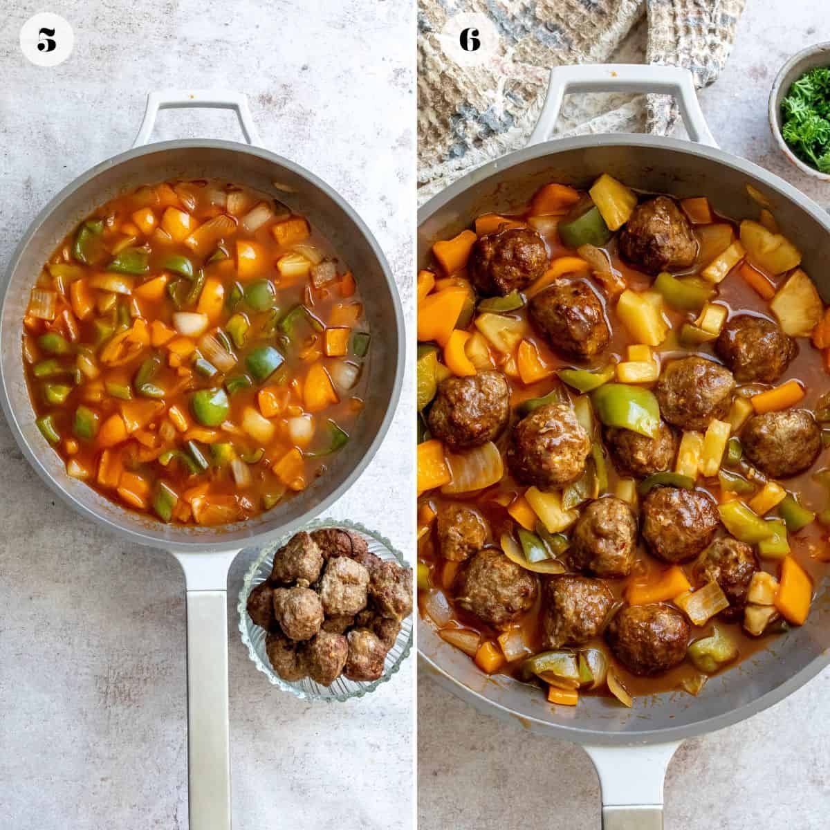 Grey Skillet with sweet and sour sauce and meatballs in it. 