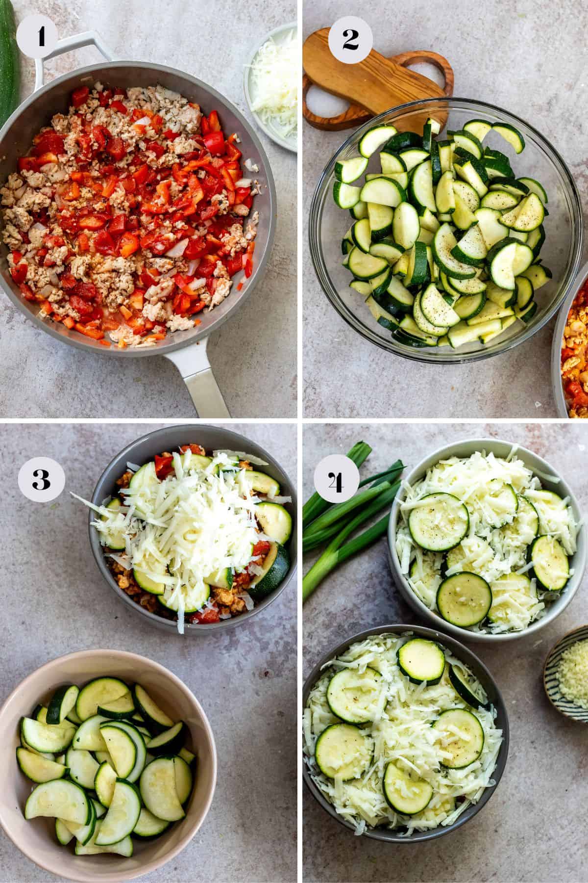 Steps to make this recipe in a skilled and Zucchini sliced up on a cutting board. 