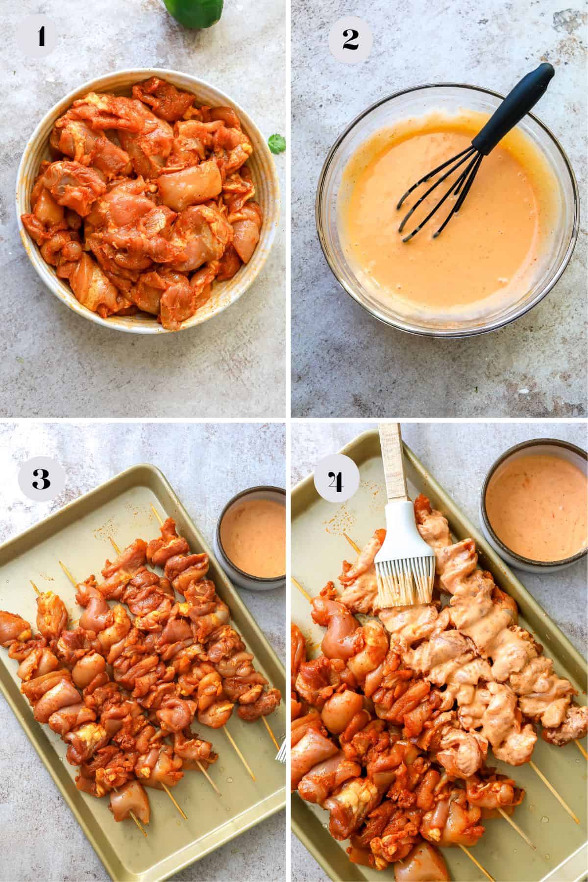 Steps to make bang bang chicken skewers on the grill or the air fryer on a baking sheet. 