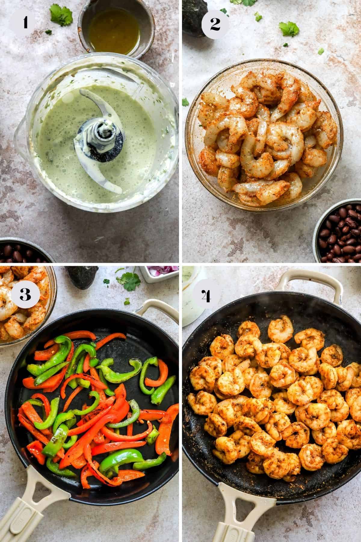 Steps to make blackened shrimp salad and jalapeño dressing in a skillet and bowl. 